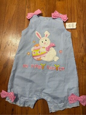 Toffee Apple My First Easter Bunny Gingham Bubble Romper 12M Blue Pink Boutique